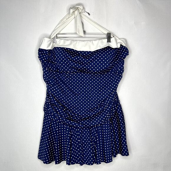 Ralph Lauren One Piece Swimsuit Ruched Halter Polka Dot Navy Print Size 20W - Picture 1 of 13